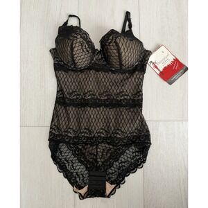 NWT Skinnygirl Shapewear Alluring Shaping Bodysuit Sz L Black Lace Nude Lining